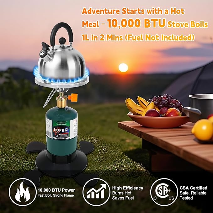 Camping Stove Propane Portable Backpacking Cooker with Single Burner Adjustable Flame Foldable Base Camp Stove Kit for Outdoor Cooking Hiking Emergency Essential (Fuel not Included)