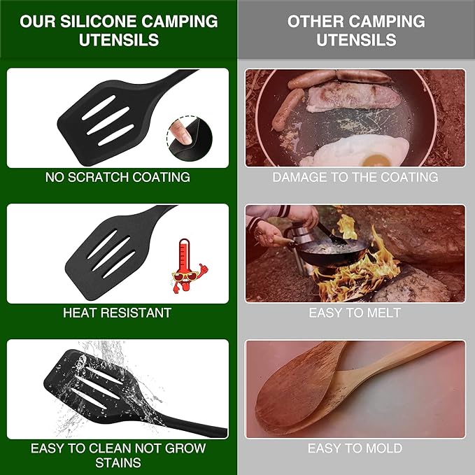 Camping Essentials Cookware Cooking Utensils Set - Portable Camp Kitchen Mess Kit Outdoor Accessories Stainless Steel &amp Silicone Camping Gear Equipment for RV Picnic Grill Green