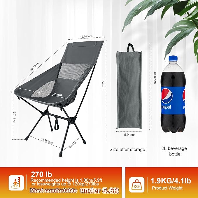 IEJ High Back Camping Chair Ultra-Lightweight Compact Folding Backpacking Chair for Adults with Carry Bag Quick Setup for Outdoor Camping Beach &amp Hiking Travel-Gray Green