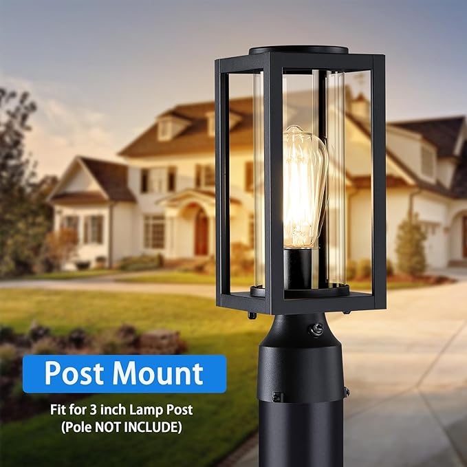 Dusk to Dawn Outdoor Post Lights 2 Packs Lamp Post Light Fixture Modern Black Exterior Post Lantern Fixture with Tempered Glass Anti-Rust Light Posts for Outside for Driveway Patio Garden