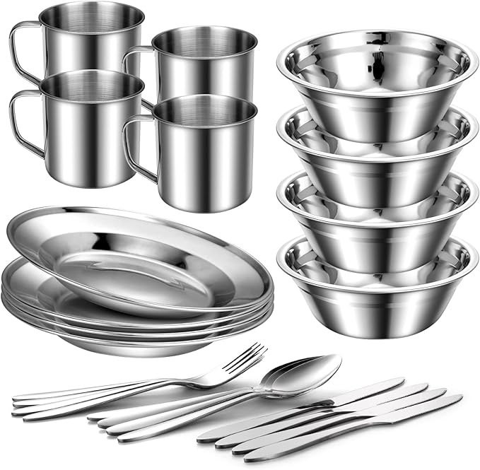 Odoland 29pcs Stainless Steel Utensils Camping Mess Kits with Bowls Plates Cups Forks Spoons and Knives for 4 Cutlery Flatware Set for Backpacking Outdoor Camping Hiking and Picnic