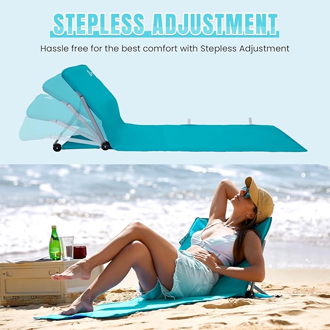 #WEJOY Beach Lounge Chair Collapse Folding Lightweight Mat Portable Ground Beach Chairs with Padded Seat &amp Stepless Adjustable Backrest for Beach Sand Outdoor