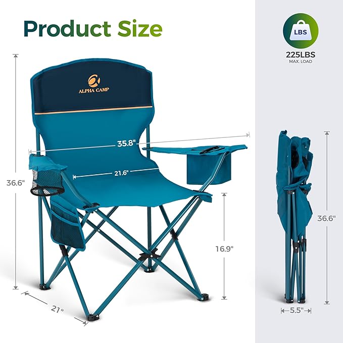 ALPHA CAMP Folding Camping Chairs for Adults Lawn Chairs Outdoor Chairs Support 250 LBS Portable Camp Chairs with Cup Holders Cooler Pouch for Outdoor 2 Pack