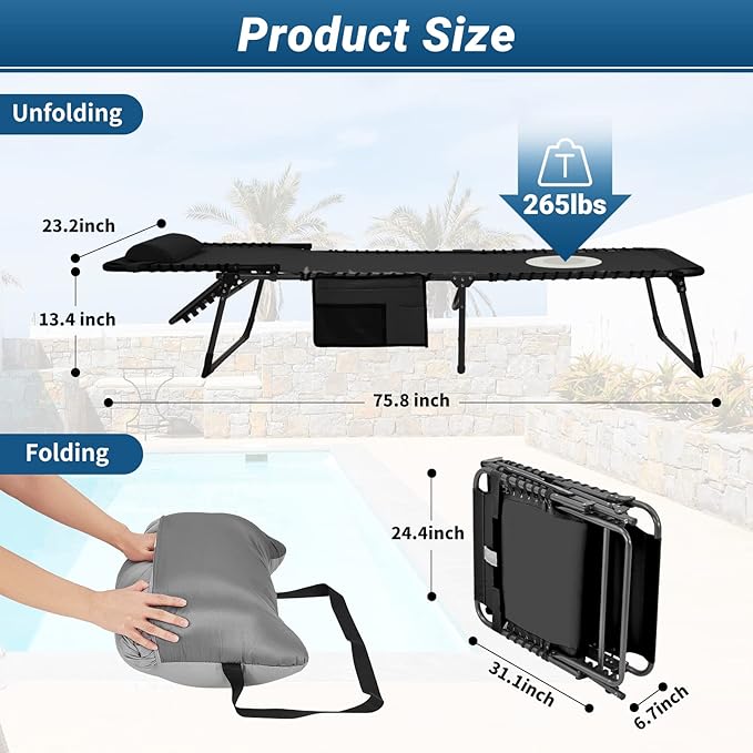 KingCamp Folding Outside Patio Lounge Chair with Comfortable Pad Adjustable 4-Position Adults Reclining Folding Chaise with Pillow Portable Camping cot for Patio Pool Beach Sunbathing Deck Lawn