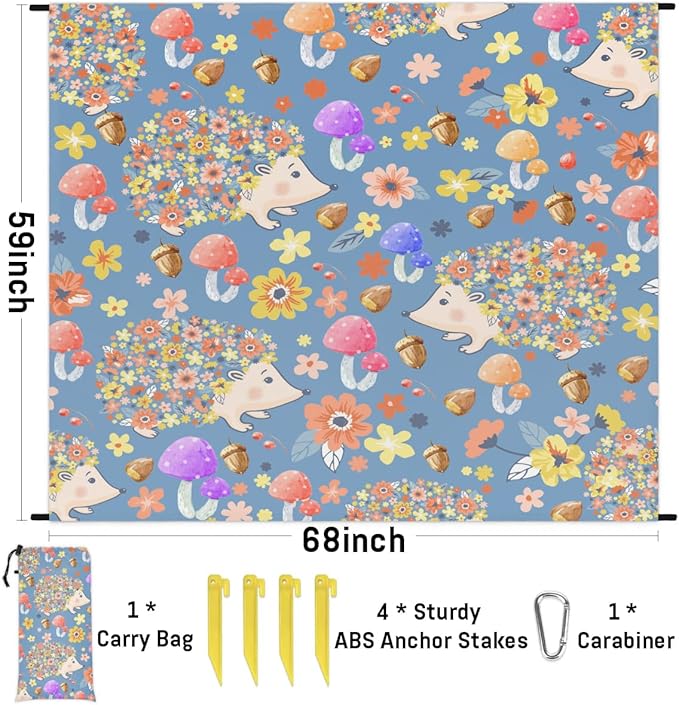 Hedgehog Mushroom Lightweight Beach Blanket Waterproof Sandproof 59X68 Sand Free Beach Mat with 4 Stakes Compact Outdoor Blanket for Beach Quick Drying Picnic Mat for Travel Camping