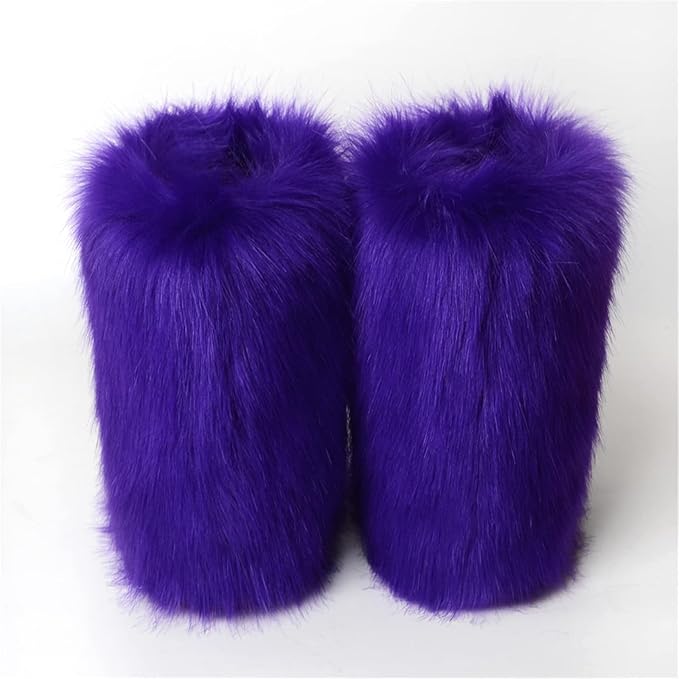 Womens Furry Faux Fur Booties Winter Warm Snow Ankle Boots Fuzzy Fluffy Furry Mid Calf Boots Outdoor Comfy Flat Shoes