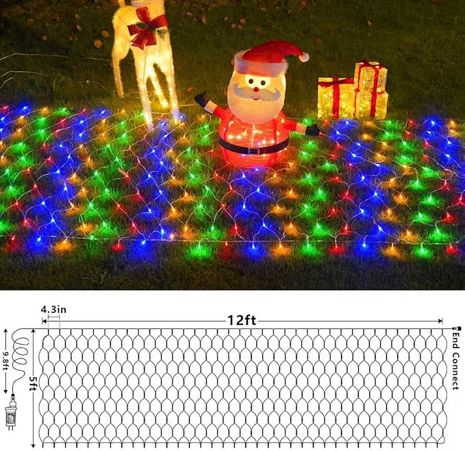 YEGUO Net Lights Outdoor Mesh Lights 12ft x 5ft 360 LED Multicolor Christmas Light Outdoor Waterproof 8 Modes Connectable Clear Wire Bush Light Plug in
