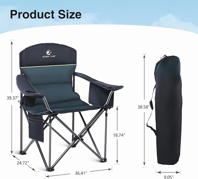 HIGH POINT SPORTS Oversized Camping Folding Chair Heavy Duty Portable Outdoor Chair Foldable Camp Chair with Cup Holder and Cooler Bag Support 450 LBS 2 Pack Green