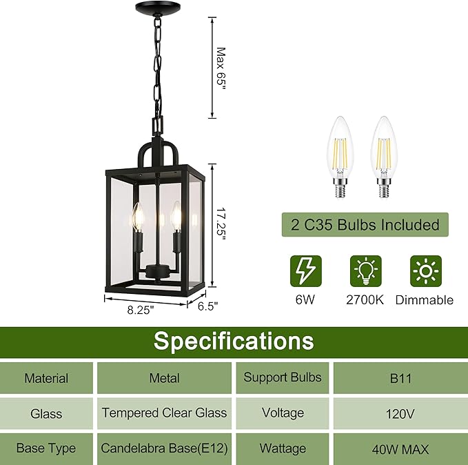 Large Outdoor Indoor Pendant Light 2-Light Modern Black Metal Outside Chandelier Exterior Hanging Fixture Ceiling Mount with Clear Glass Shade for Front Porch Entrance Foyer Entryway (Bulb Included)