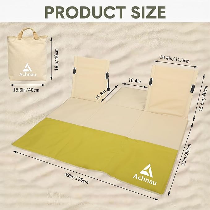 Beach Mat Lounge Chair 2-Person Foldable Lightweight Lounge Mat with Back Support600D Oxford 49x49 Widen Beach Seat Storage Bag for Holidays Garden Camping Swimmingpool (Khaki &amp Yellow)