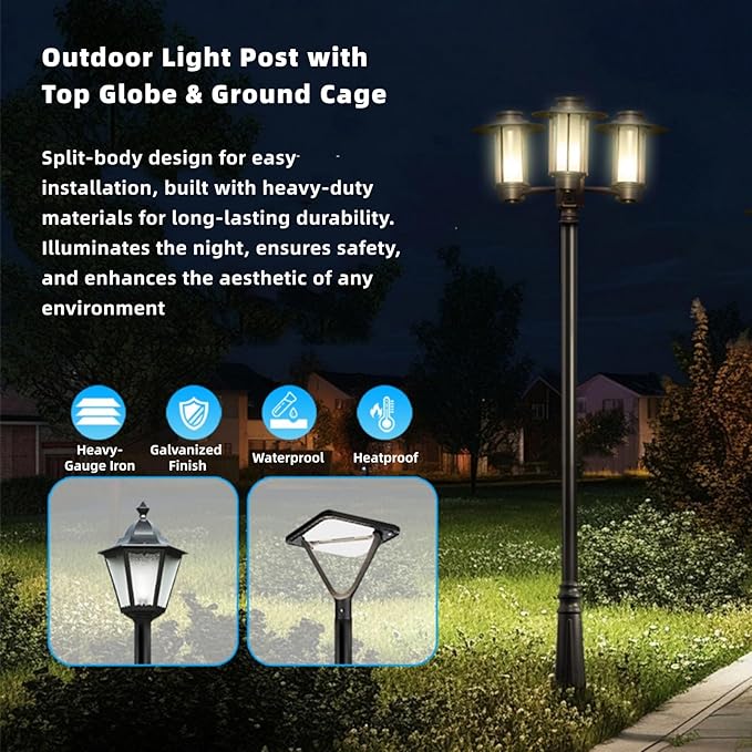 8FT Outdoor Lamp Post Split Street Light Pole with Top Globe &amp Ground Cage Lighting Post Fixtures for Pathway Courtyard Parking Lot Fits Standard 3 Post Top Fixtures (8FT 275+76mm)