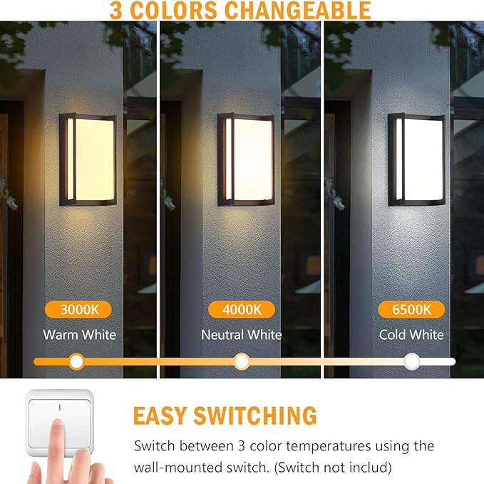 wowlite Modern Outdoor Wall Lights 2 Pack LED Outdoor Porch Lights 3 Colors Changeable Matte Black Exterior Light Fixture Wall Mount IP65 Waterproof Outside Light Fixtures for Porch Front Door