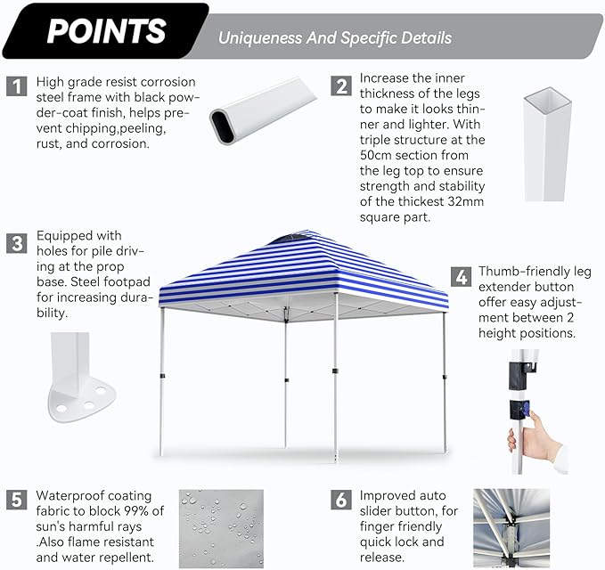 Nazhura 10' x 10' Pop Up Canopy with Sand Weight Bag Awing for Patio Freestanding Sun Shelter for Picnic and Camping One Person Setup White (Blue Stripe)