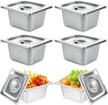 6 Set Stainless Steel Hotel Pans 1/6 Size 4 Inch Deep with Lids Steam Table Pans with Lids 4 Inch Deep 1/6 Size Stainless Steel Restaurant Pan Metal Food Pan with Lid for Hotel Buffet Home
