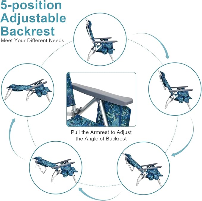 GYMAX Beach Chairs Backpack Camping Chair with Armrest Cooler Bag Cup Holder Towel Bar &amp Side Pockets Sunbath Sling Tanning Lounge Folding Layout Chair (4 Chairs Without Table Blue Leaves)