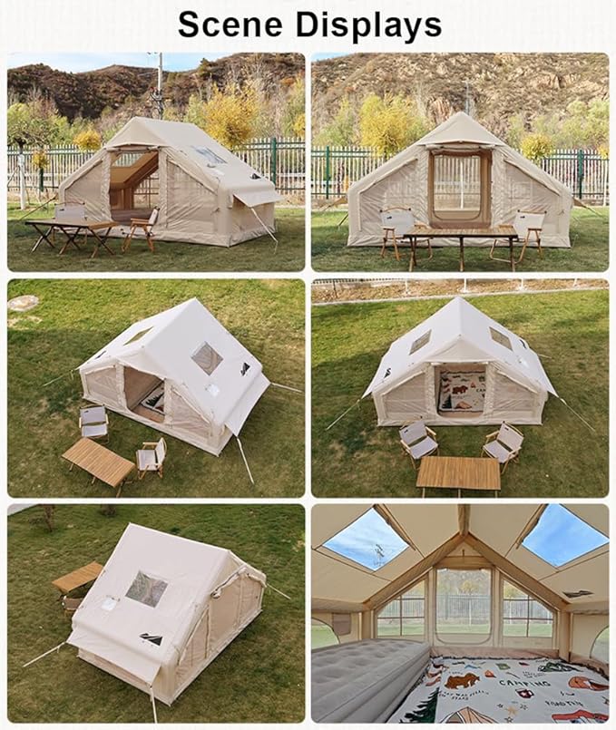 Large Luxury Inflatable Camping Tent Cotton Canvas Tent Breathable and Waterproof Air Tent with Skylight and Stove Jack Hole for for 4-6-8-10 Person Family Camping