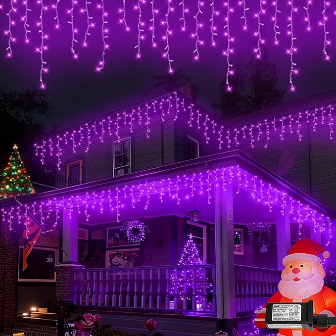 QITONG Purple Icicle Lights for Outside 33ft 400 LED String Light Indoor Plug in Clear Wire Connectable Icicle Christmas Lights with 8 Modes