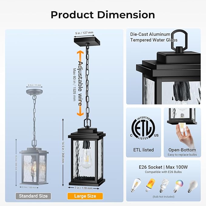 VIANIS Large Anti-Rust Outdoor Chandelier with Adjustable Wire Black Pendant Light with Water Glass for Porch GardenGarage Easy-to-Install Outdoor Hanging Lantern Suiting for Sloped Ceiling