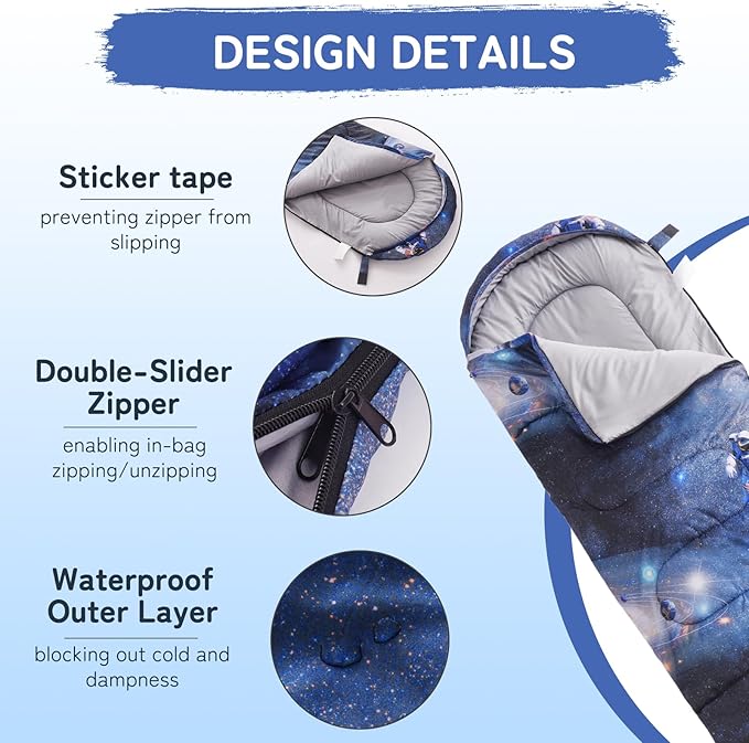 tuphen Kids Sleeping Bag - 50-77℉ 3-Season Waterproof Sleeping Bag for Boys &amp Girls Lightweight 2.2 lbs Camping Gear with Compression Bag Ideal for Camping Hiking Indoor