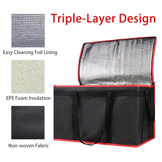 Bodaon 2-Pack Insulated Food Delivery Bag XXX-Large Meal Grocery Tote Insulation Bag for Hot and Cold Food Commercial Warming Large Capacity Reusable Shopping Bags Cooler Bags (Black + Black-Red)