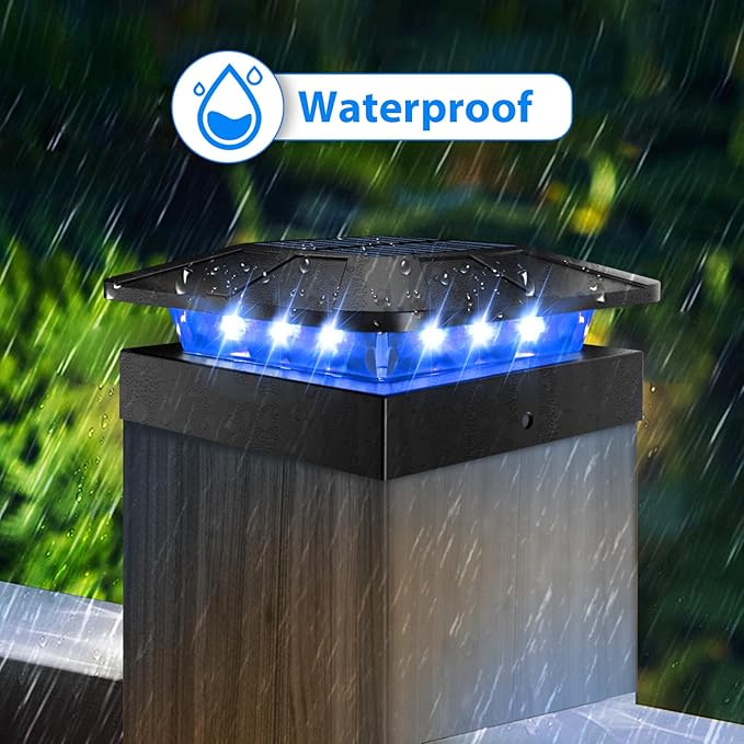 Peasur 4 Packs 4x4 Solar Post Lights Outdoor Blue &amp Warm White LED Fence Caps Light Waterproof Wood &amp Vinyl Post Top Lighting for Deck Mailbox Railing Porch Outside