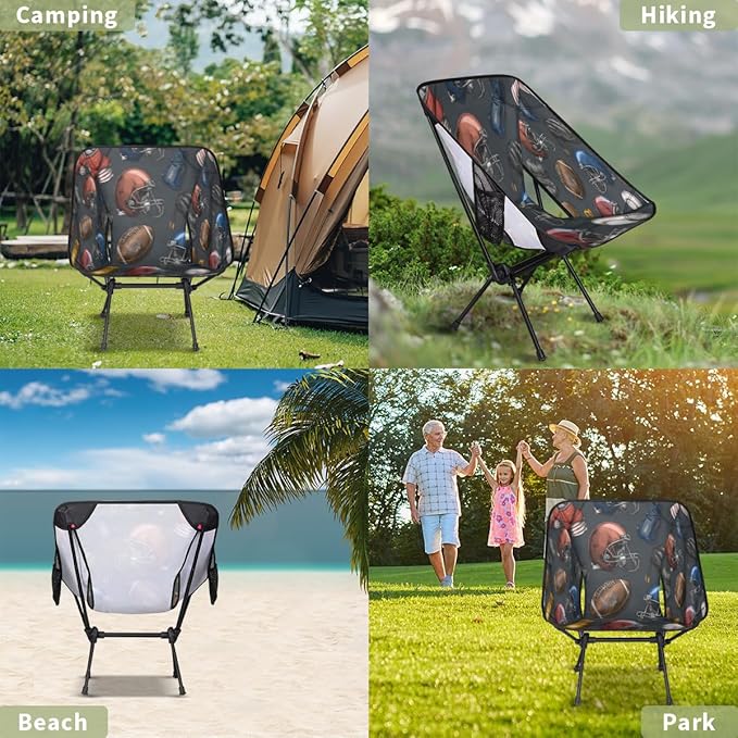 Sport Rugby Themed Camping Chair Folding Backpacking Chair Portable Lightweight Outdoor Chairs with Side Pockets for Hiking Beach Picnic