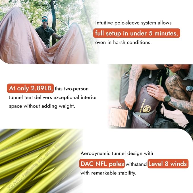 Gale Lite 2 Ultralight 2-Person Tunnel Tent – 2.89 lb Double Silicone-Coated Fabric Compact 3-Season Backpacking Shelter – Wine Brown
