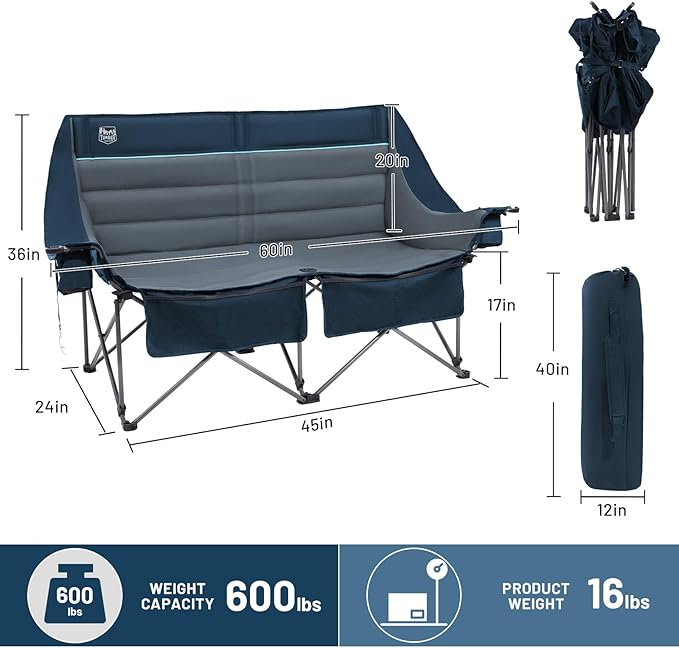 Timber Ridge Double Camping Chair Heavy Duty Outdoor Folding Camp Couch Loveseat Camping Chairs Perfect for Campsites Patio/Lawn Soccer Games or Other Youth Sports Supports 600 lbs
