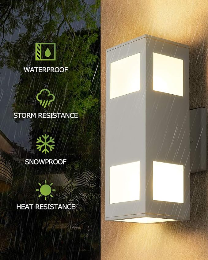 harriet Porch Lights Outdoor Modern - IP64 Waterproof Aluminum and Tempered Glass Cover 13 Rectangular Up/Down Wall Sconce for Porch Garage &amp Patio Exterior Lighting White