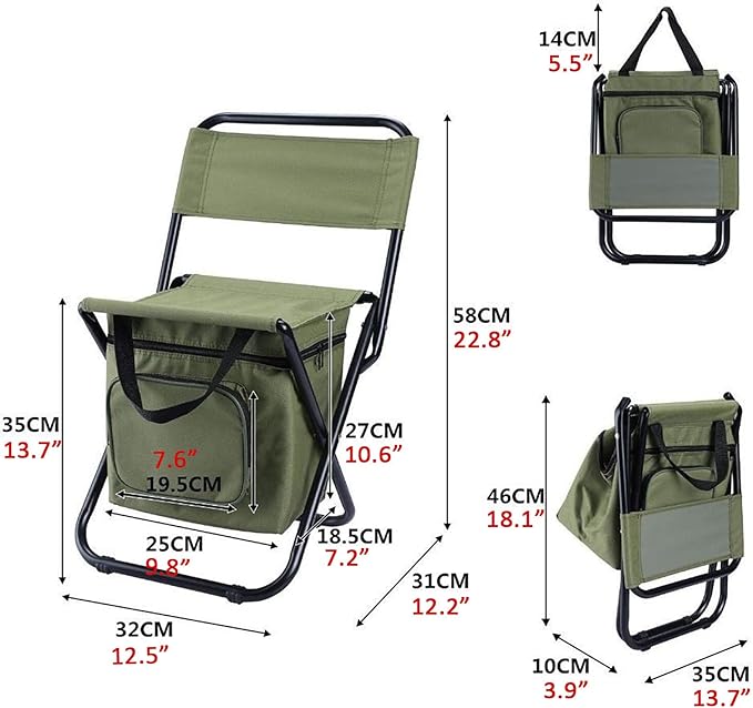 Foldable Fishing Chair with Cooler Bag Compact Fishing Stool Portable Backrest Stool with Backrest for Finishing Travel Camping Hunting Hiking (Olive Green)