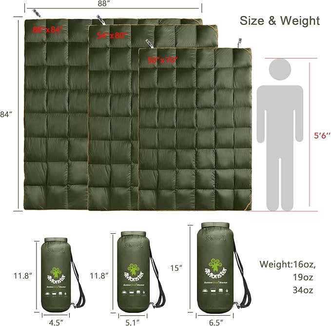 4Monster Down Camping Blanket - Outdoor Travel Quilt Puffy 650 Fill Packable LightweightWind &amp Waterproof | Ideal for Stadium BackpackingPicnics Beach and Hiking