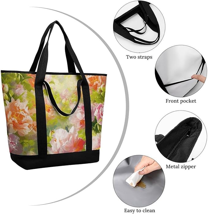Insulated Shopping BagLarge Reusable Cooler Bags Bright Peonies Printed Foldable Shopping BagTravel Waterproof Shoulder Bag
