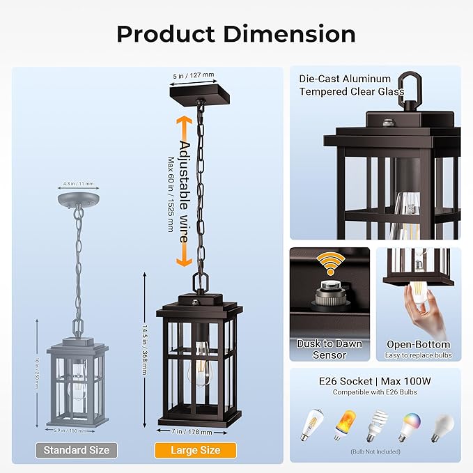 Brown Large Dusk to Dawn Outdoor Pendant Light Outside Hanging Lights with Tempered Glass 100% Aluminum Anti-Rust Outdoor Ceiling Light for Porch House Doorway Waterproof E26 Socket
