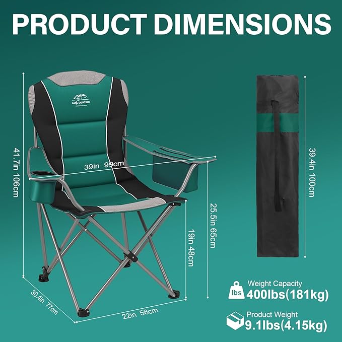2 Pack Camping ChairsOversized Folding Lawn Chairs for Adults w/3 Levels Adjustable Angled BackrestCup HoldersCooler BagHeavy Duty Camp Chair Support to 400lbsPortable for Outdoor