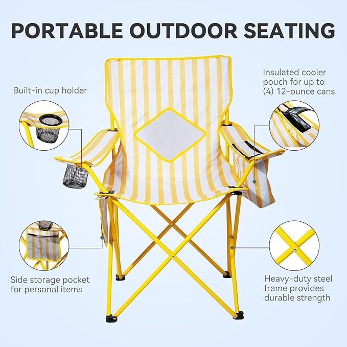 Nazhura 2 Pack Folding Camping Chair with Cooler Pouch Mesh Backrest and Cup Holder Pocket (Yellow 2 Pack)