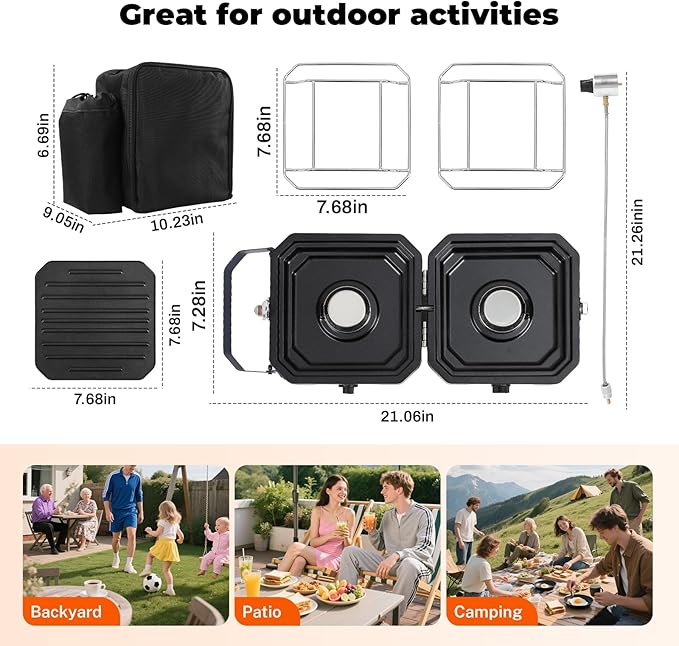 2 Burner Propane Camping Stove With GrillPortable Foldable Camp Stove With 17000BTU Two Piezo Ignition Adjustable Windproof Burners forCamping Grilling Tailgating &amp More (Orange)