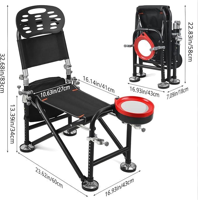 Foldable Fishing Chair with 2 Rod Holders &amp Iron Frame Heavy Duty 300lb Portable Adjustable Camping Chair for Bank Fishing Outdoor Adventures Black