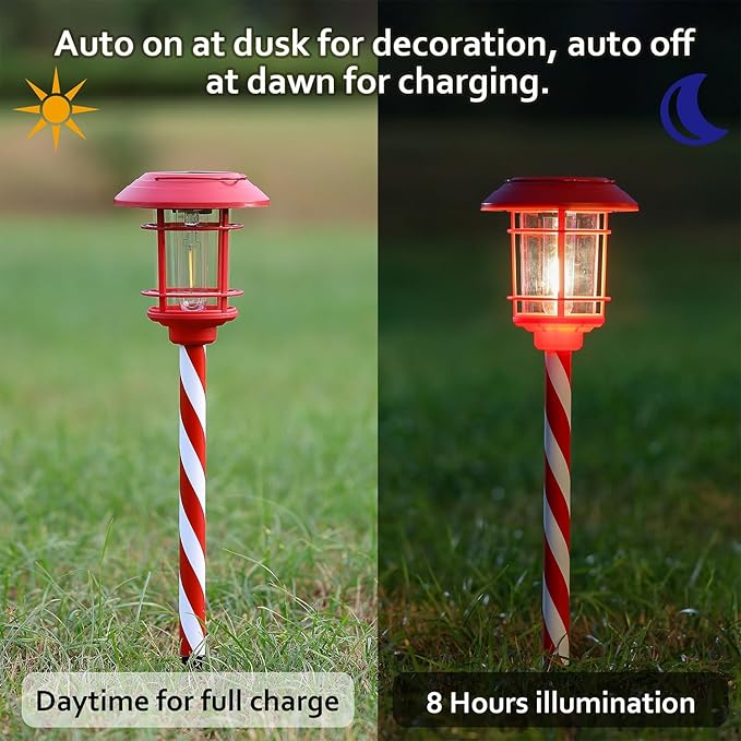 Dynaming 6 Pack Dual Use Solar Christmas Path Lights Outdoor Hanging Lantern Solar Garden Light with Edison Bulb Xmas Pathway Markers Auto On/Off Candy Cane Lights for Patio Yard Walkway Driveway