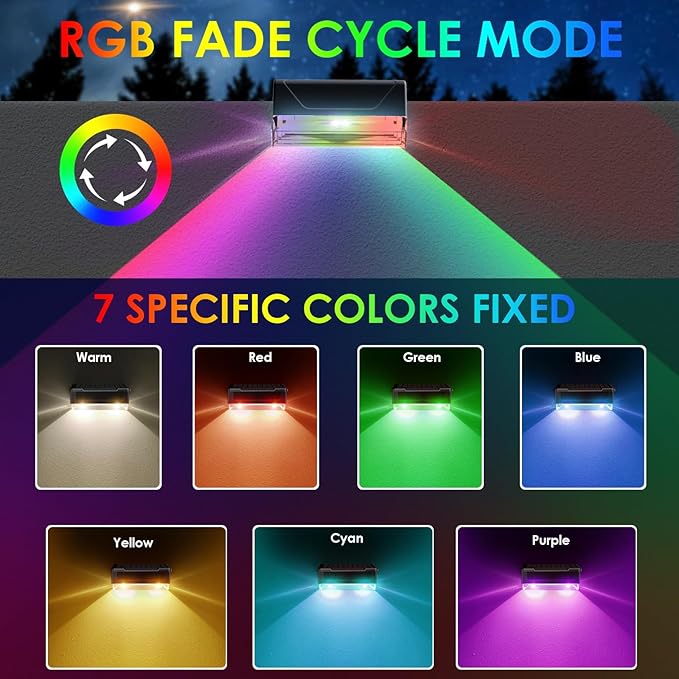 12PK Solar Fence Lights Outdoor Waterproof LED - Warm White &amp RGB 6 Color Dusk to Dawn Deck Light IP65 Waterproof Garden Lights for Outside/Backyard/Railing/Step/Patio/Wall