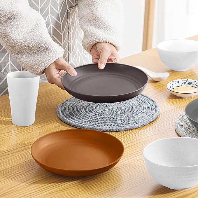 Teivio 32-Piece Kitchen Plastic Wheat Straw Dinnerware Set Service for 8 Unbreakable Dinner Plate/Dessert Plate/Cereal Bowl/CupOutdoor Camping Dishes for Life/VintageFarmhouseRustic Multicolor