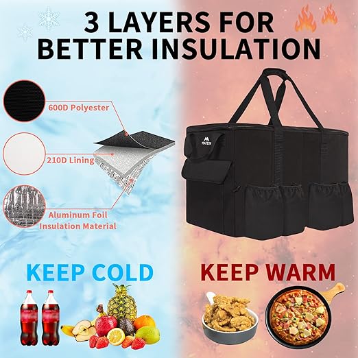 MATEIN Insulated Food Delivery Bag XXXL Thermal Catering Bag for Hot &amp Cold Food Water-Resistant Foldable Pizza Delivery Carriers for Transport with 4 Cup Holders &amp Reinforced Bottom Black