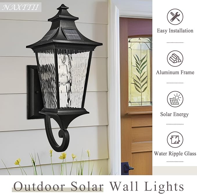 Waterproof Solar Sconces Lights Outdoor with Remote Control 20.9 Inch Height Large Size Solar Wall Lights with Water Ripple Glass Dusk to Dawn Outdoor Lighting Include LED Bulb