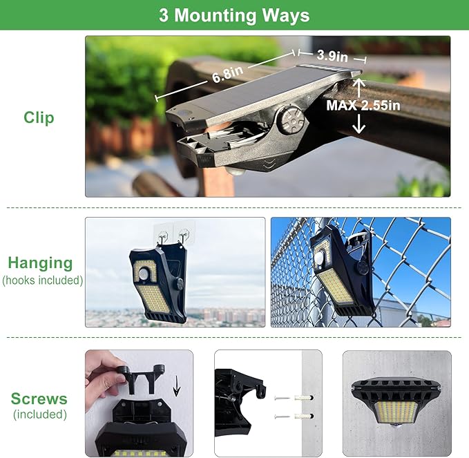 Tryme 118Leds Solar Lights Outdoor Clip Motion Sensor Lights Security Light 3 Modes 3 Color Temperature Solar Powered USB Charging (2 Pack)