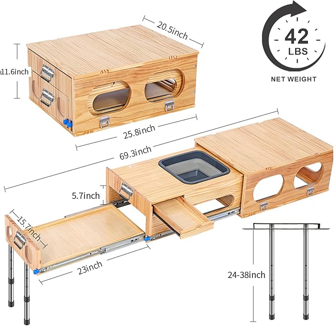 Wooden Overland Camping Slide-Out Kitchen with Drawer Left Side for SUV/Storage Space for 2 Burners Stove Folding Design