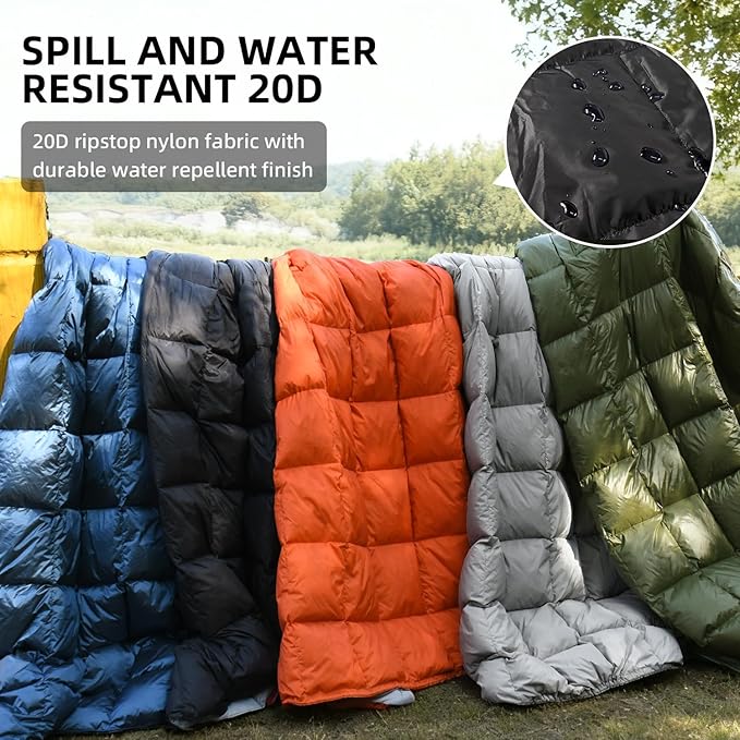 Down Camping Blanket - Lightweight Packable Warm &amp Puffy Outdoor Travel Quilt for Sleep Hiking Backpacking Stadium Festivals Water-Resistant Sleeping Bag 55x79