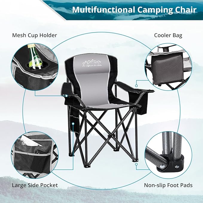 Folding Camping Chair Heavy Duty Portable Lawn Chairs with Cooler Bag Side Pocket &amp Cup Holder Folding Chairs for Outside Support 450lbs Black