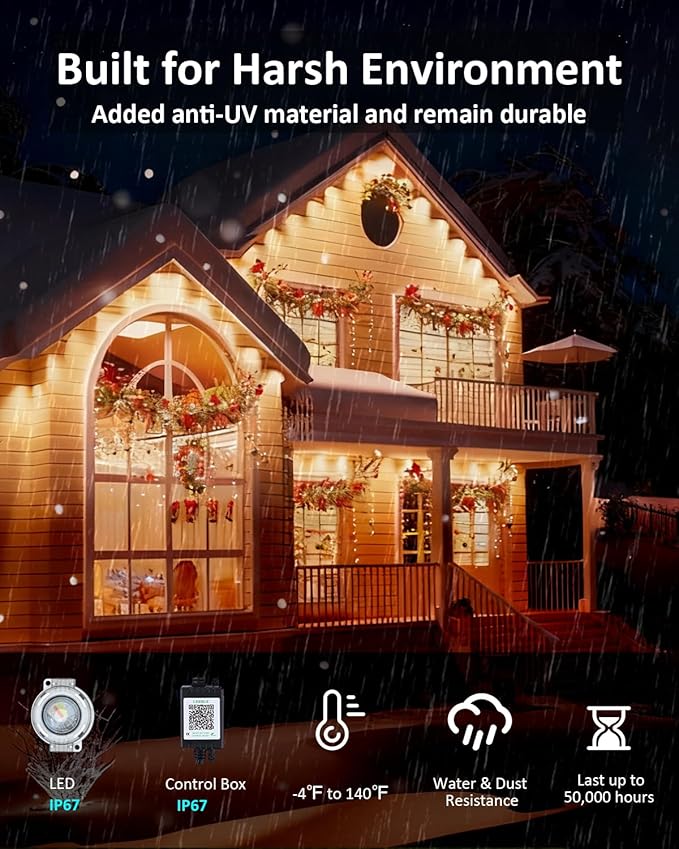 300FT Permanent Outdoor Lights RGB LED Eaves Lights with IP67 Waterproof Smart App Remote Control Music Sync for Christmas Party All Holiday Decorations