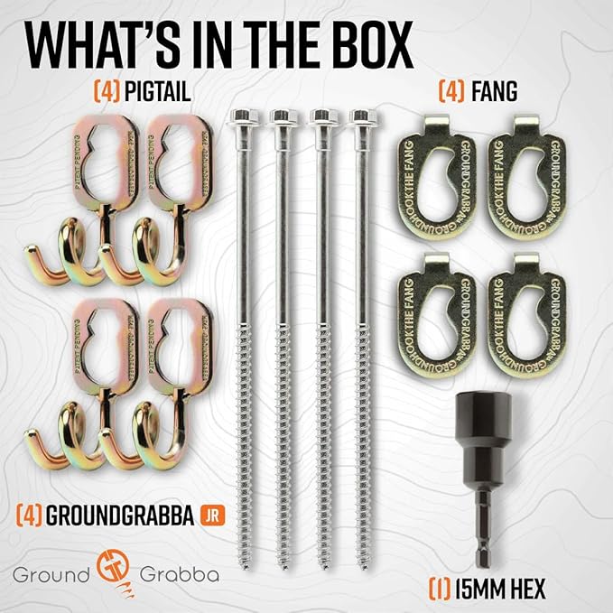 GroundGrabba Junior Stake Kit | Heavy Duty Screw-in Ground Anchors for Tents Outdoor Camping and Backpacking | 4 Stakes The Fang (4) Pigtail (4) 15mm Hex Driver (1)