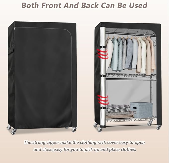 Rileytee Garment Rack Cover600D Heavy Duty Waterproof Clothing Rack CoverClothes Rack Cover with Zipper for Metal Garment Rack(Black46W x 18D x 80HCover Only）