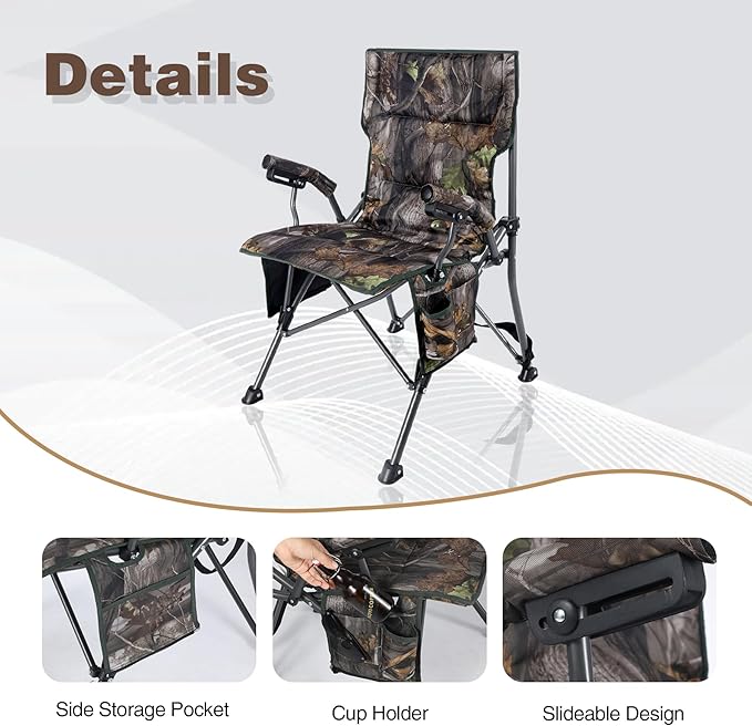 REDCAMP Oversized Hunting Chairs for Blinds with Thickened Cotton Portable Folding Camo Padded Camping Chairs for Adults Hunting Seats with Hard Arms for Outside Outdoor Camouflage